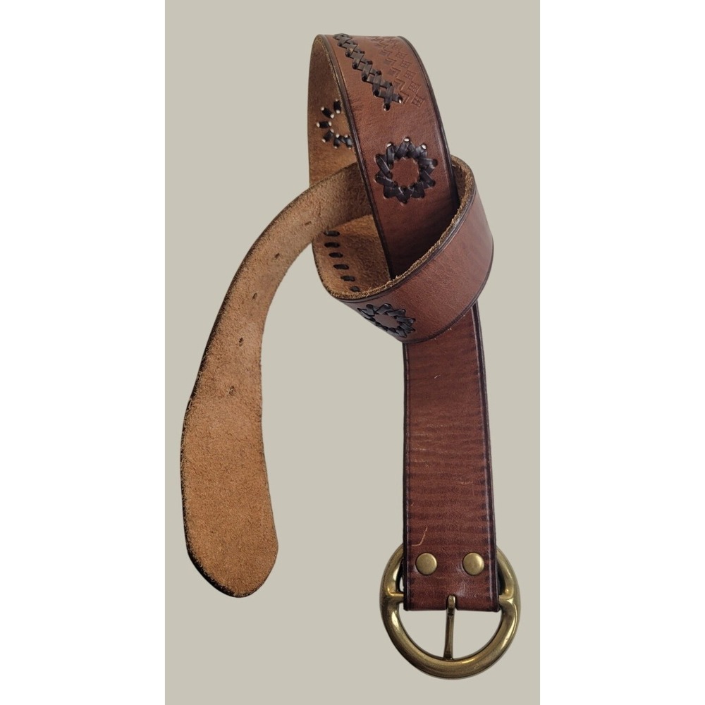 Mossimo Leather Belt Boho Western Woven Whipstitch Brass Buckle Brown 32 in